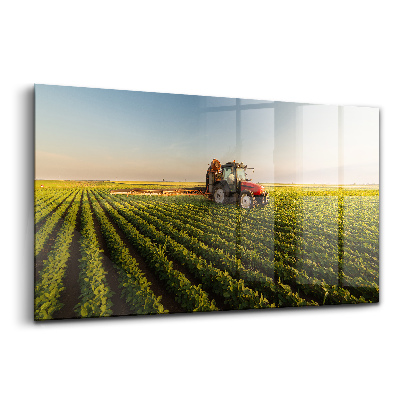 Tablou pe sticlă Tractor stropind un câmp