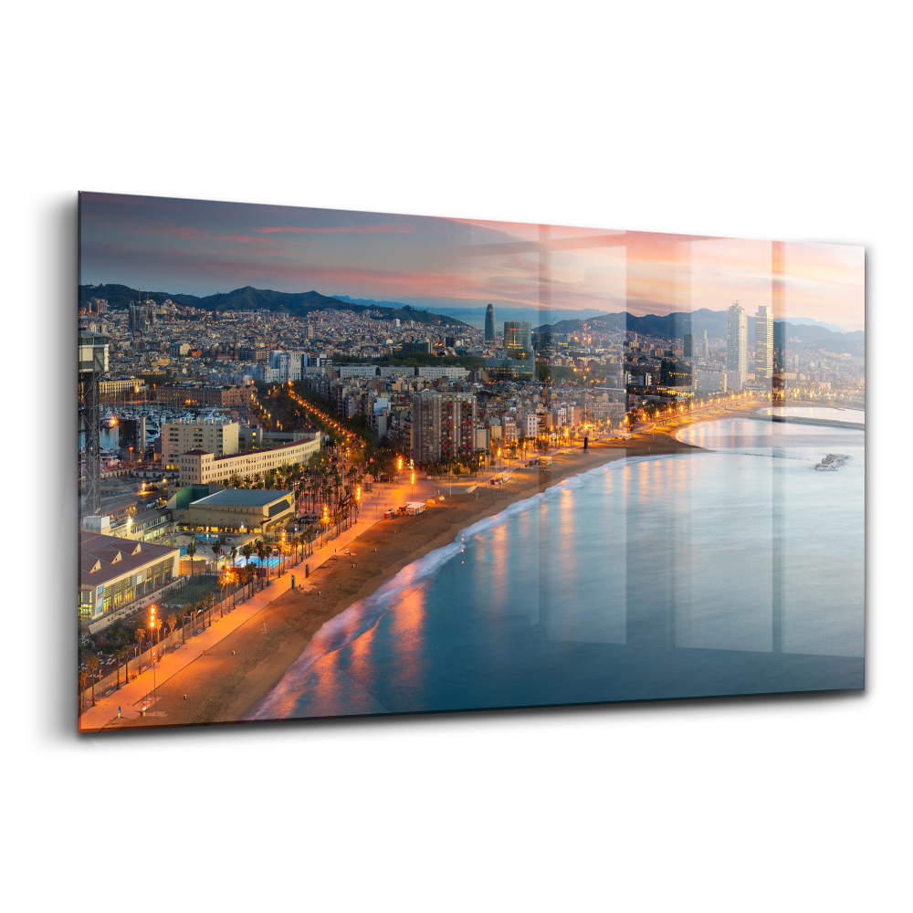 Tablou sticlă Răsărit de soare pe plaja din Barcelona