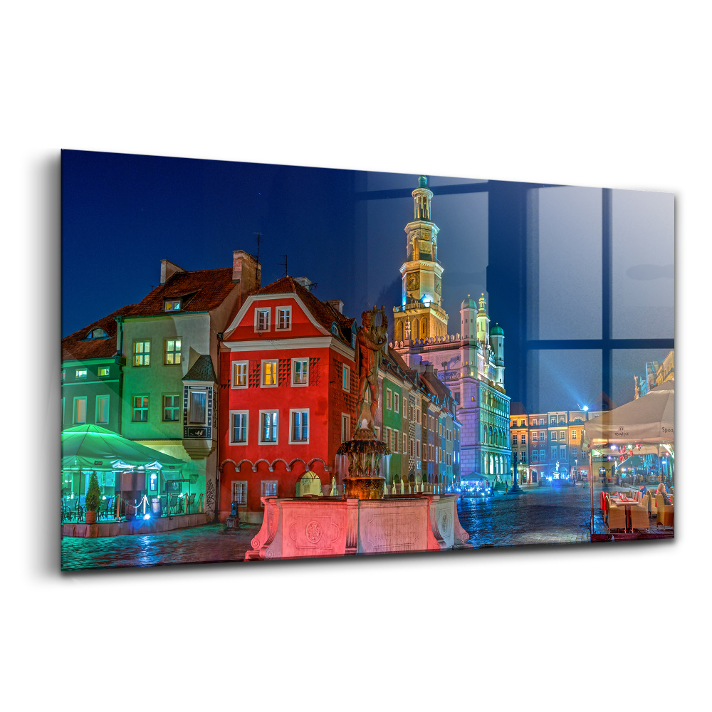 Tablou pe sticlă Piața Poznań noaptea, Polonia