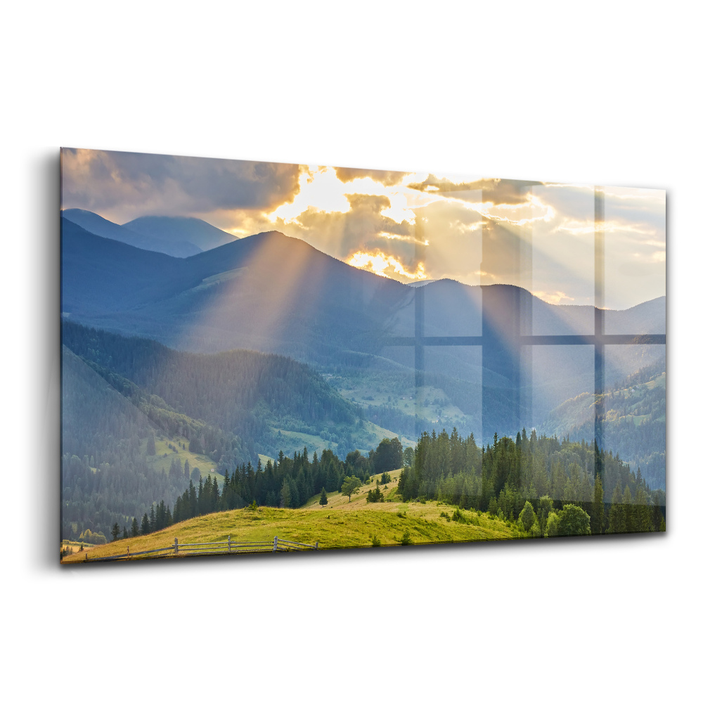 Tablou sticlă Peisaj cu păduri în munți