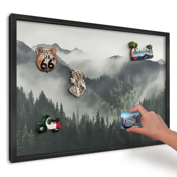 Tablă magnetică pentru magneți de frigider cu imprimeu pădure și munți încețoșați