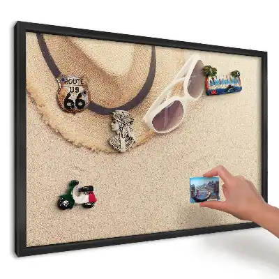 Tablă magnetică pentru magneți de frigider cu peisaj de vacanță pălărie și ochelari pe nisip