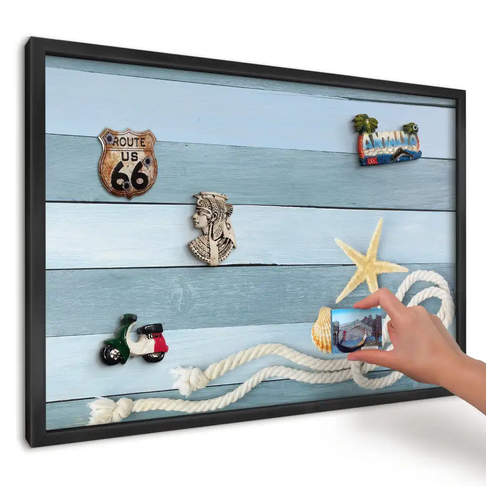 Tablă magnetică pentru magneți de frigider cu design scoici pe fundal albastru