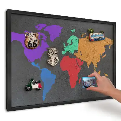 Tablă magnetică pentru magneți de frigider cu design hartă colorată pe fundal întunecat
