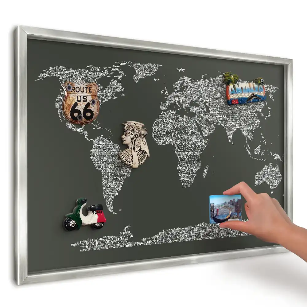 Panou magnetic înrămat cu hartă tipografică a lumii pentru magneți