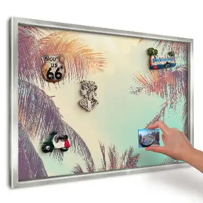 Panou magnetic înrămat cu design tropical palmieri la soare