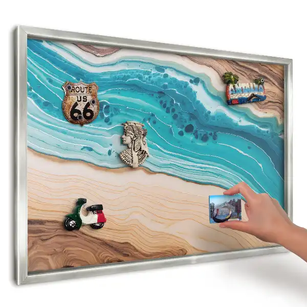 Panou magnetic înrămat cu design cu straturi maro și turcoaz