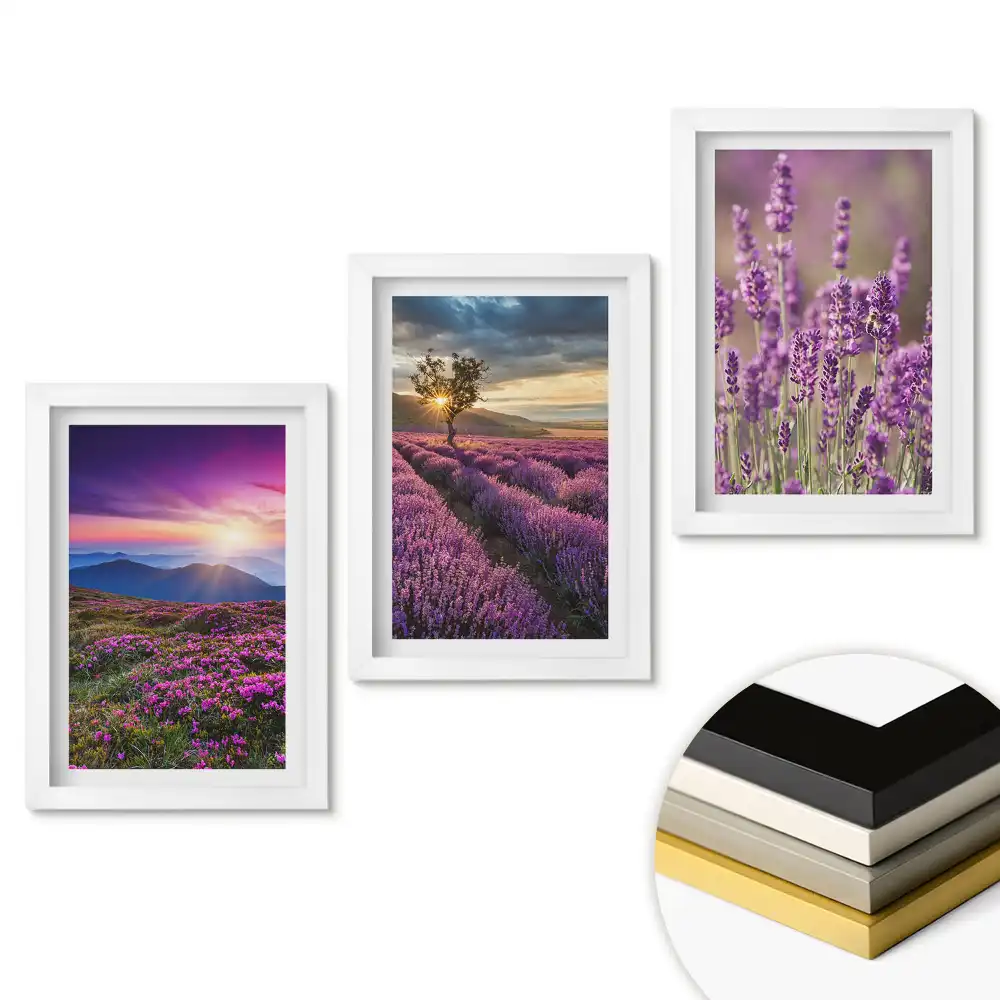 Set de tablouri pentru living cu peisaj de câmpuri de lavandă la apus