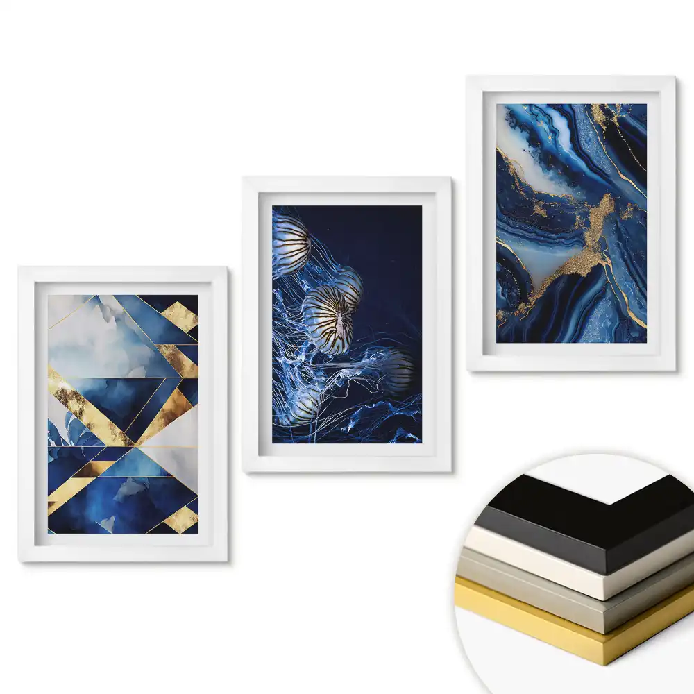 Set 3 tablouri pentru dormitor cu design elegant în nuanțe de albastru și auriu