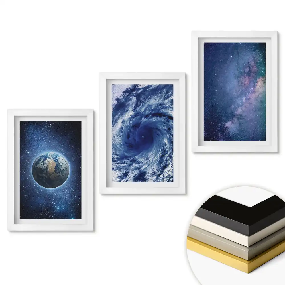 Set de tablouri pentru living cu tematică spațiu, uragan și galaxie