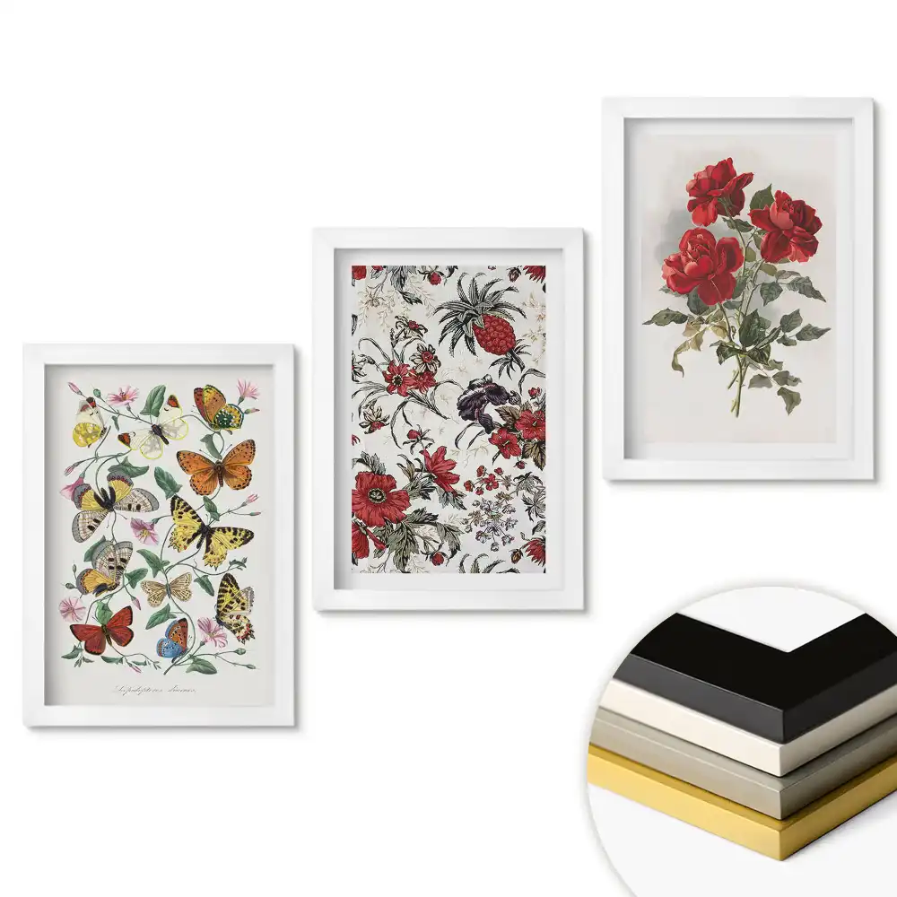 Set 3 tablouri pentru dormitor cu flori și fluturi