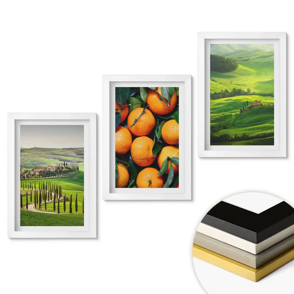 Set 3 tablouri pentru dormitor cu design dealuri verzi și portocale