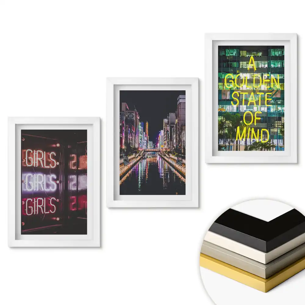 Set de 3 tablouri pentru dormitor cu lumini ale orașului și semne neon