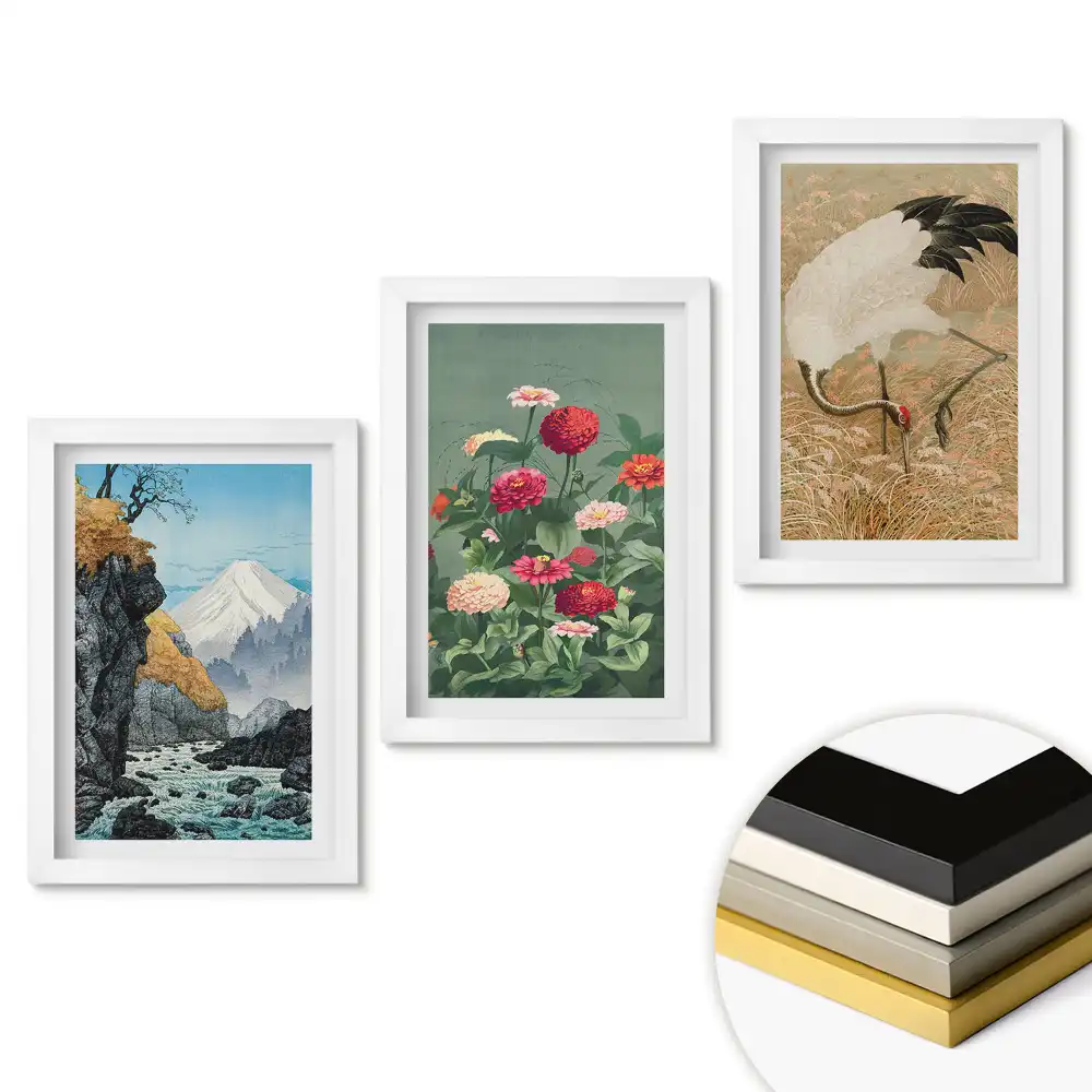 Set de tablouri pentru living cu peisaje din natura in arta japoneza