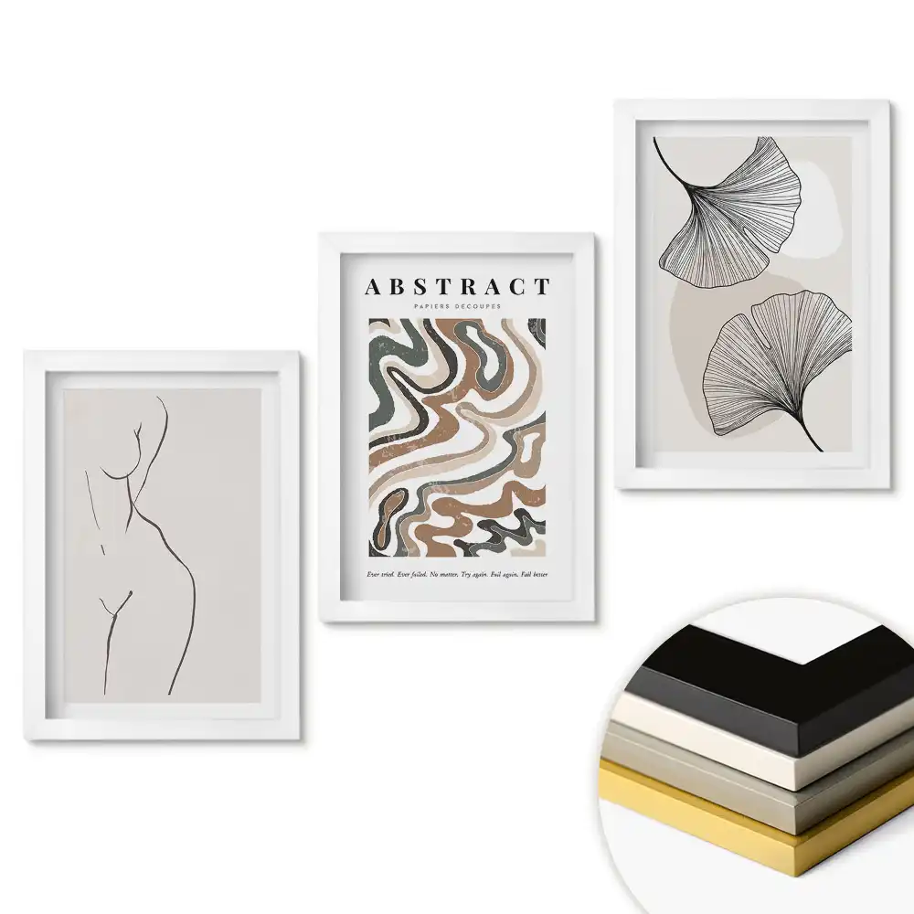 Set 3 tablouri pentru dormitor cu design abstract în linii delicate