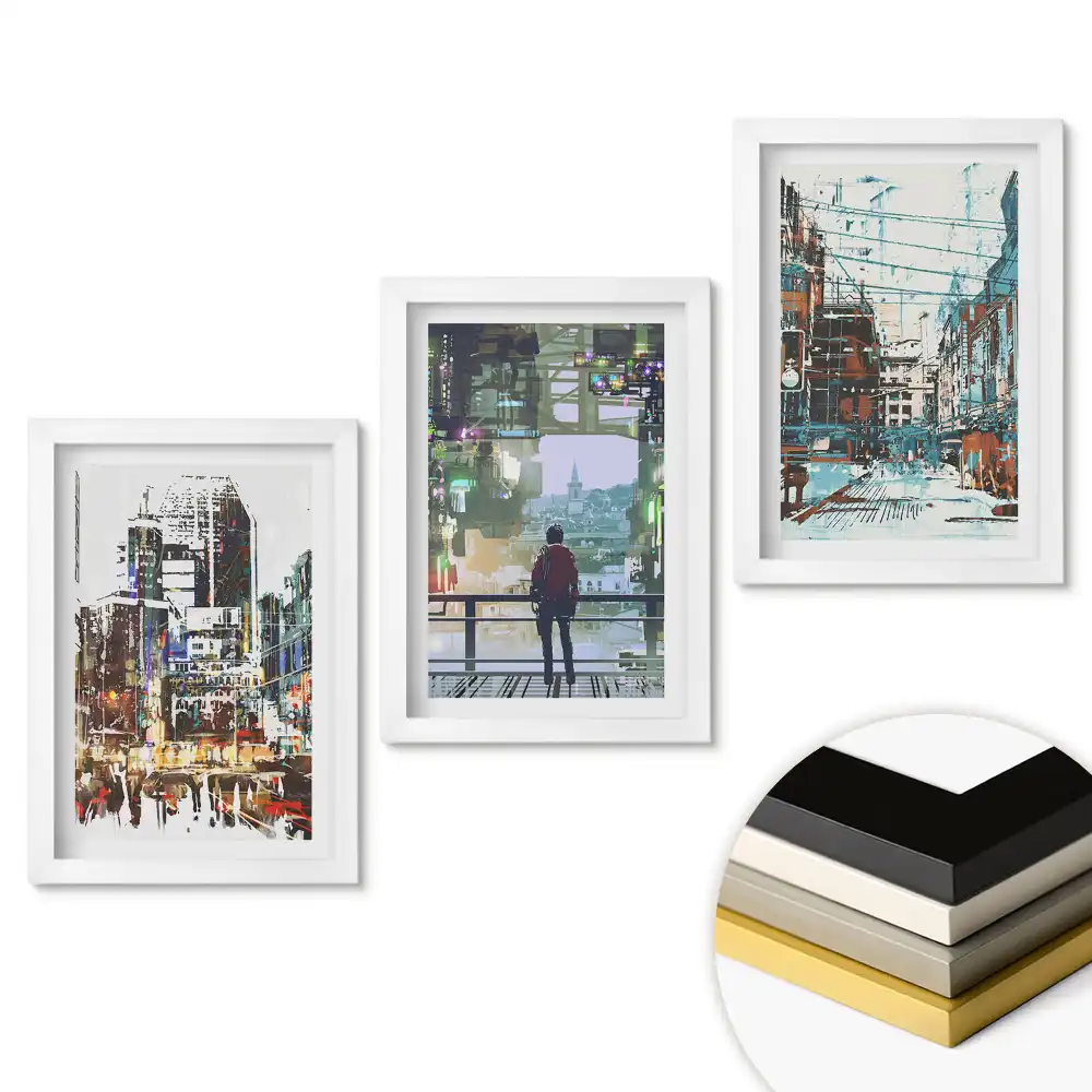 Set 3 tablouri pentru dormitor cu oraș modern în formă abstractă