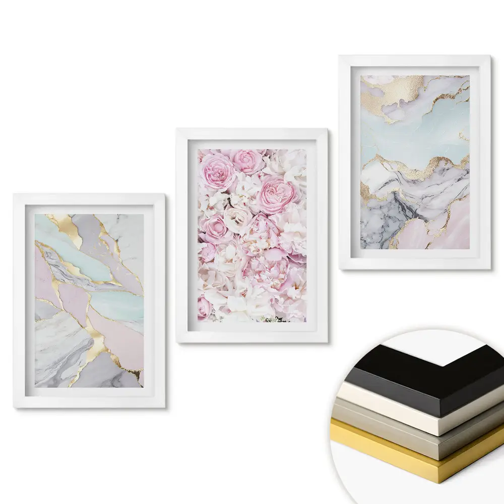Set de tablouri pentru living cu design elegant din marmură și elemente florale