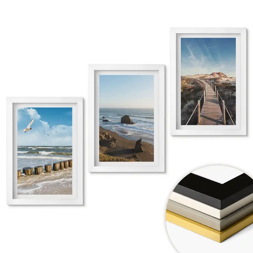 Set de trei tablouri pentru living cu peisaje de coastă
