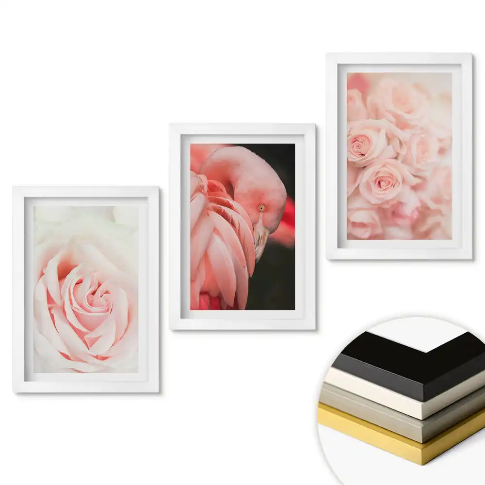 Set de 3 tablouri pentru dormitor cu nuanțe delicate de roz și flori