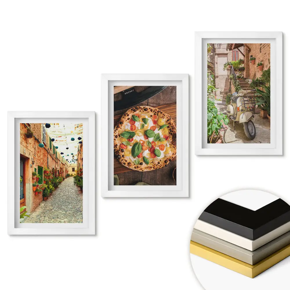 Set de 3 tablouri pentru dormitor cu tematică italiană străzi fermecătoare și pizza delicioasă