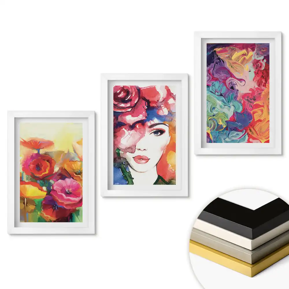 Set de 3 tablouri pentru dormitor cu flori portrete și modele colorate