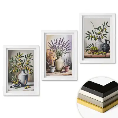Set de 3 tablouri pentru dormitor cu flori și măsline în vaze decorative