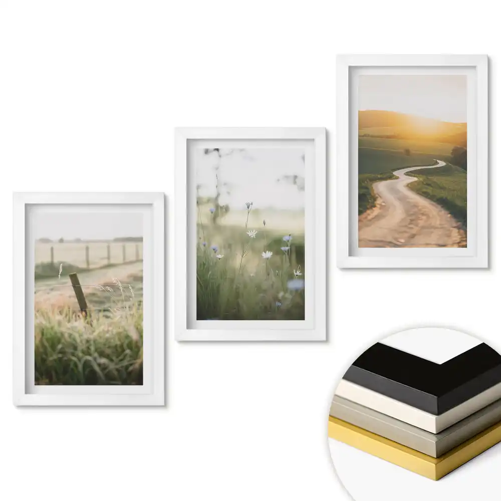 Set 3 tablouri pentru dormitor cu peisaje naturale în nuanțe delicate