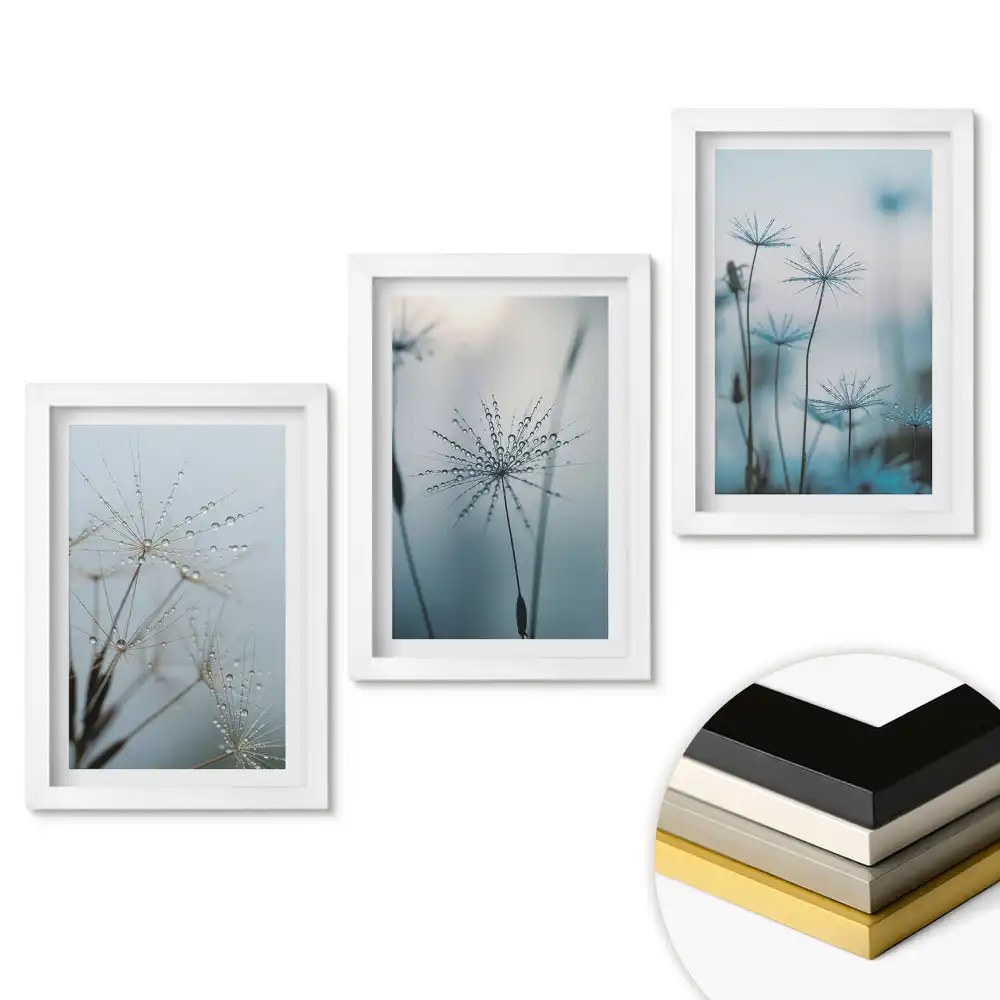 Set 3 tablouri pentru dormitor cu picături de rouă pe fire delicate de iarbă