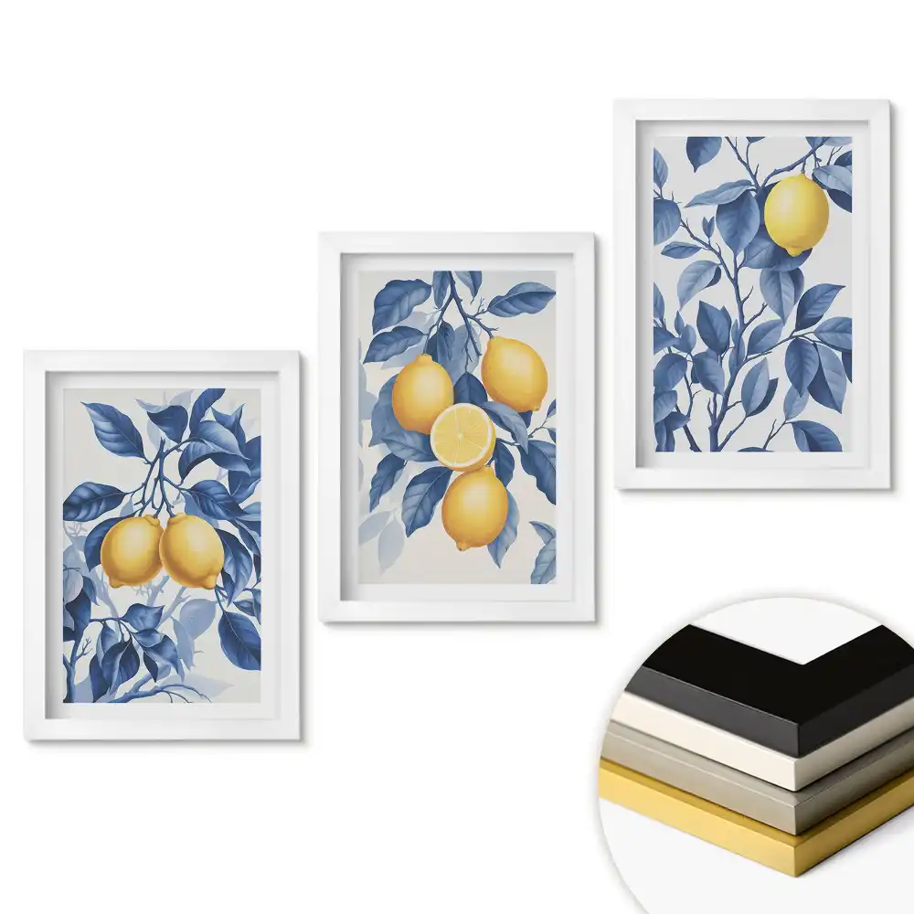 Set 3 tablouri pentru dormitor cu design de lămâi în nuanțe de albastru