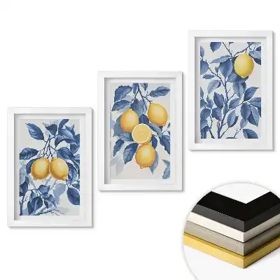 Set 3 tablouri pentru dormitor cu design de lămâi în nuanțe de albastru