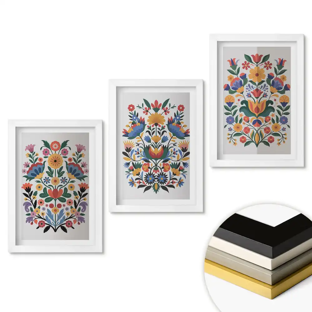 Set de 3 tablouri pentru dormitor cu motive florale în stil popular
