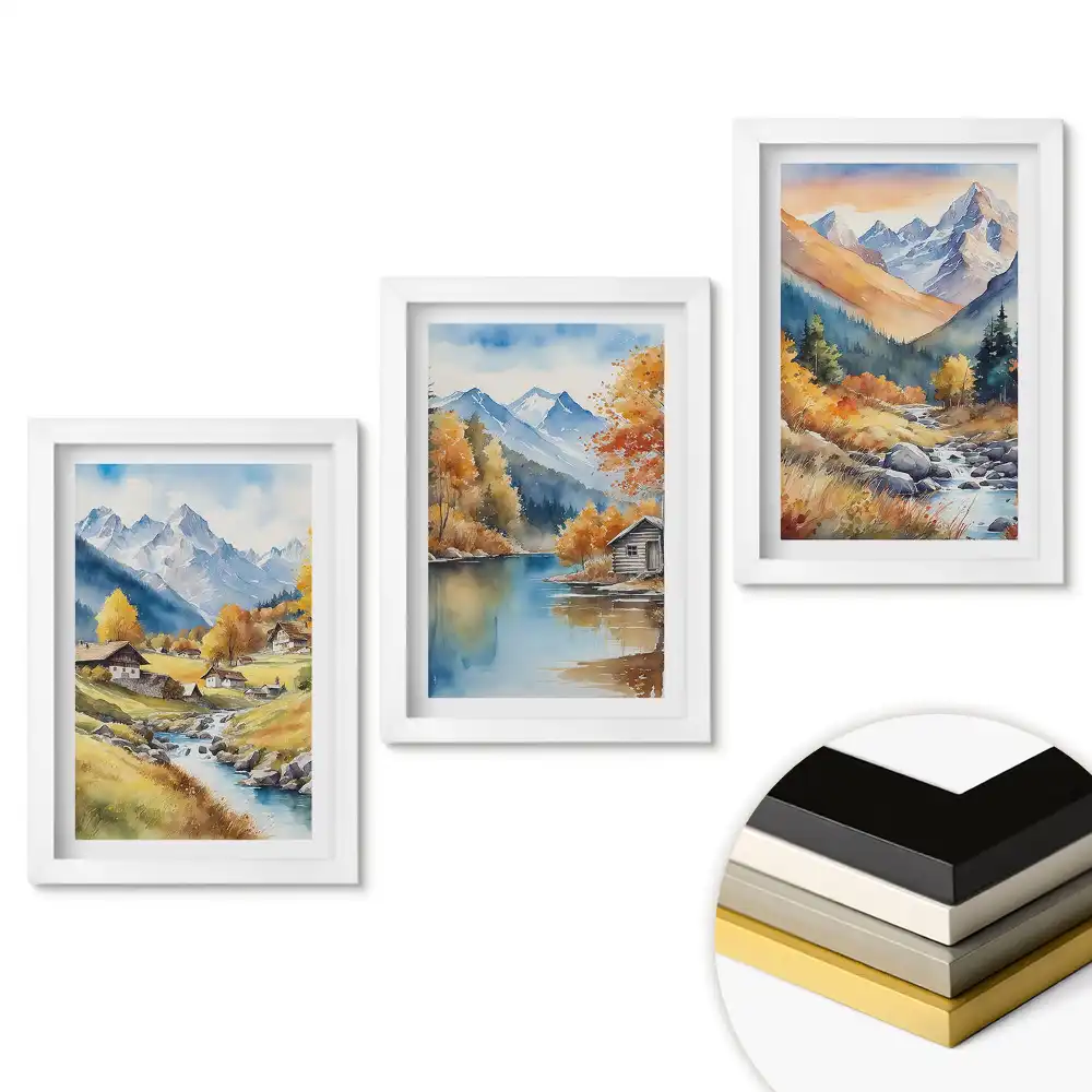 Set de tablouri pentru living cu peisaje montane pitorești în acuarelă