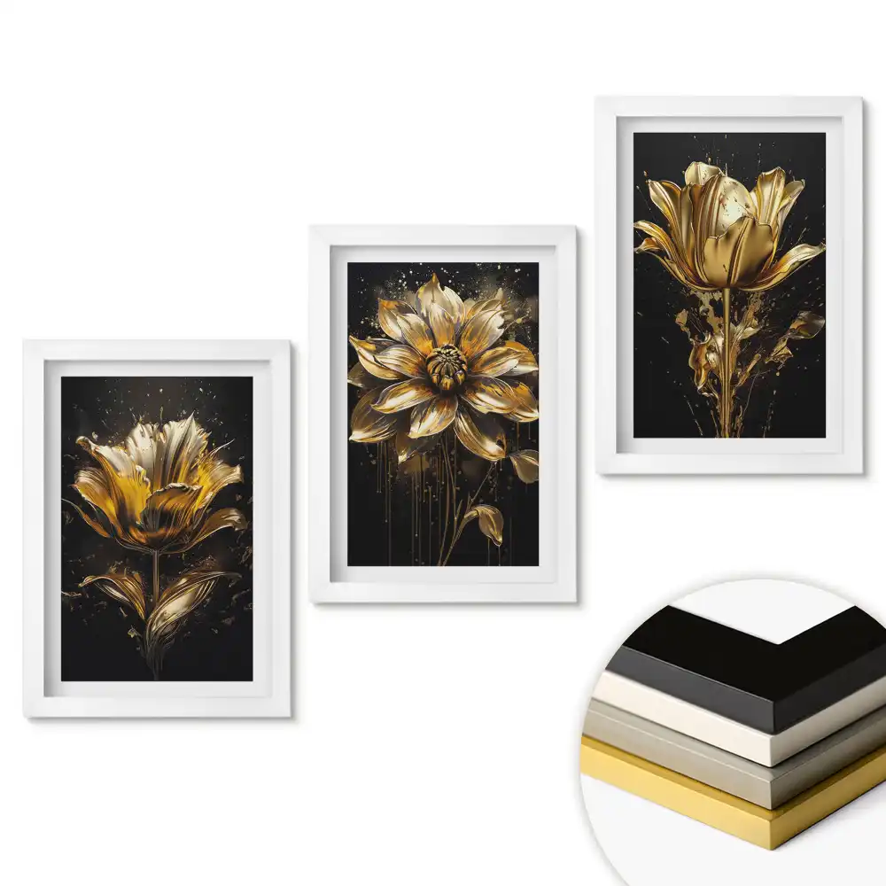 Set de tablouri pentru living cu flori aurii pe fundal negru