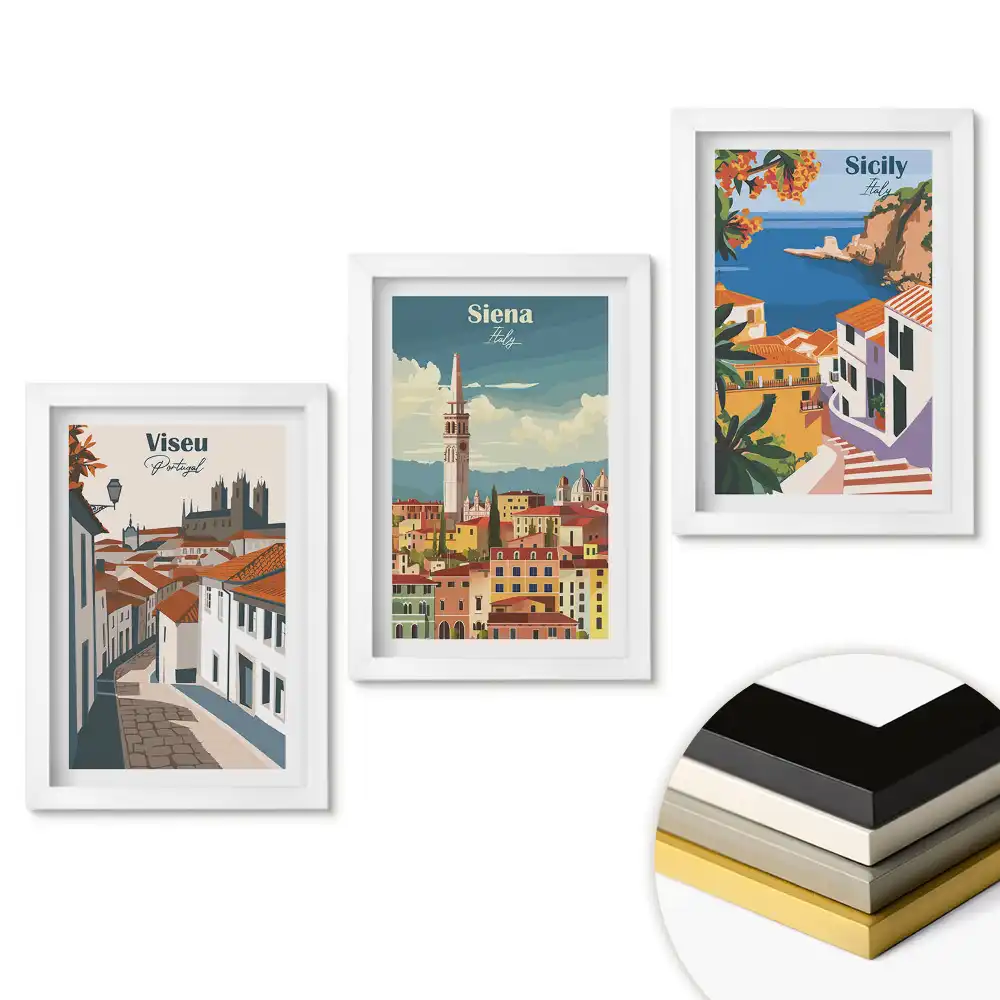 Set de 3 tablouri pentru dormitor cu peisaje italiene: Viseu, Siena, Sicilia