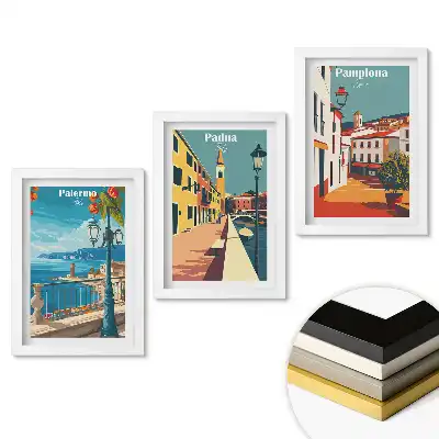 Set 3 tablouri pentru dormitor cu orașe europene în grafică colorată