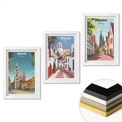 Set de tablouri pentru living cu orașe europene în grafică colorată