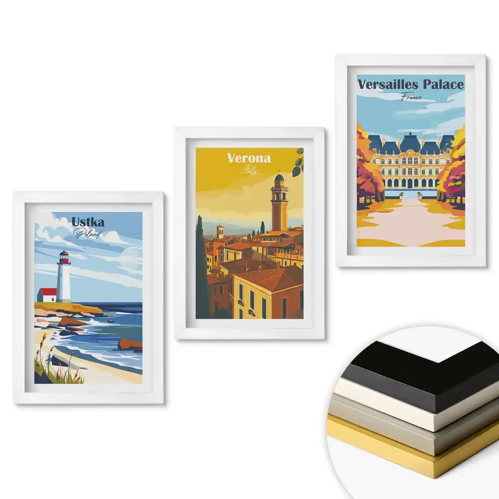 Set 3 tablouri pentru dormitor cu ilustrații despre locuri magice ale Europei