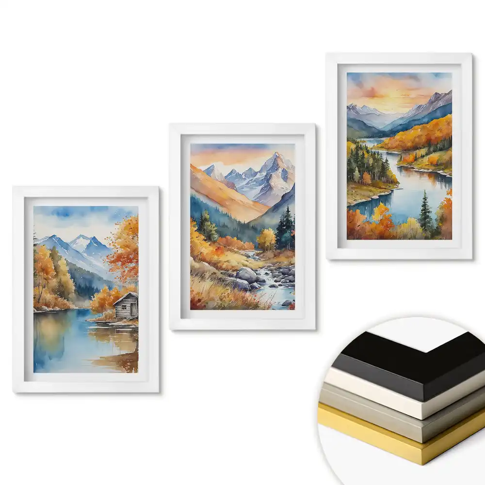 Set de tablouri pentru living cu peisaje montane de toamnă în acuarelă