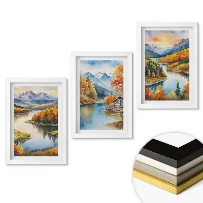 Set de tablouri pentru living cu peisaje montane și acvatice de toamnă