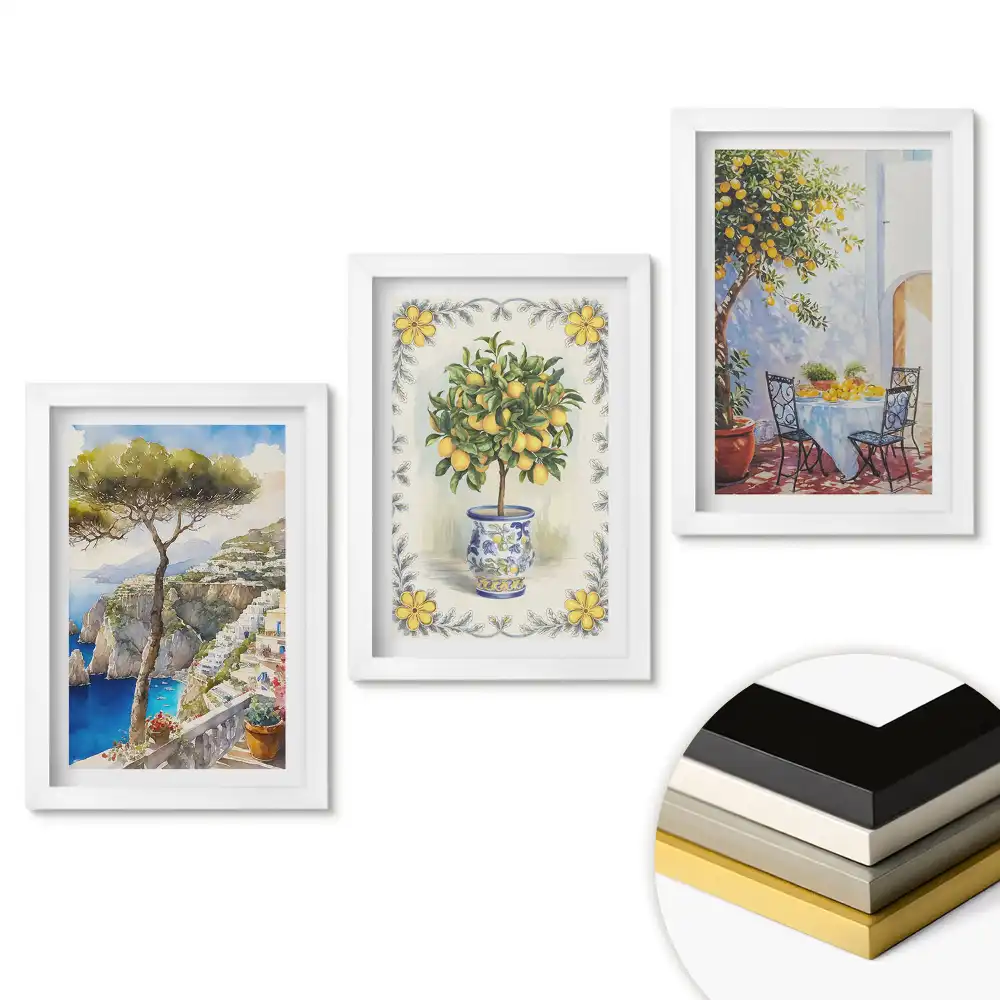 Set 3 tablouri pentru dormitor cu peisaje italiene și accente florale