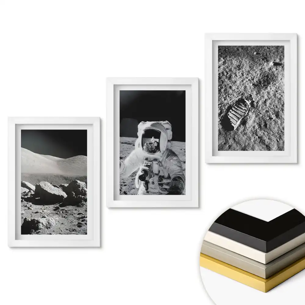 Set 3 tablouri pentru dormitor cu design O călătorie pe Lună în alb și negru