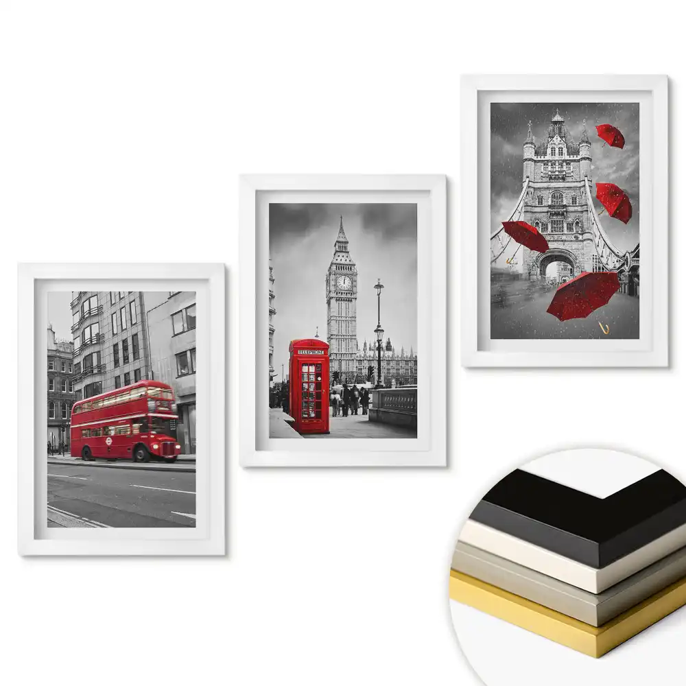 Set de 3 tablouri pentru dormitor cu simboluri londoneze în stil monocromatic