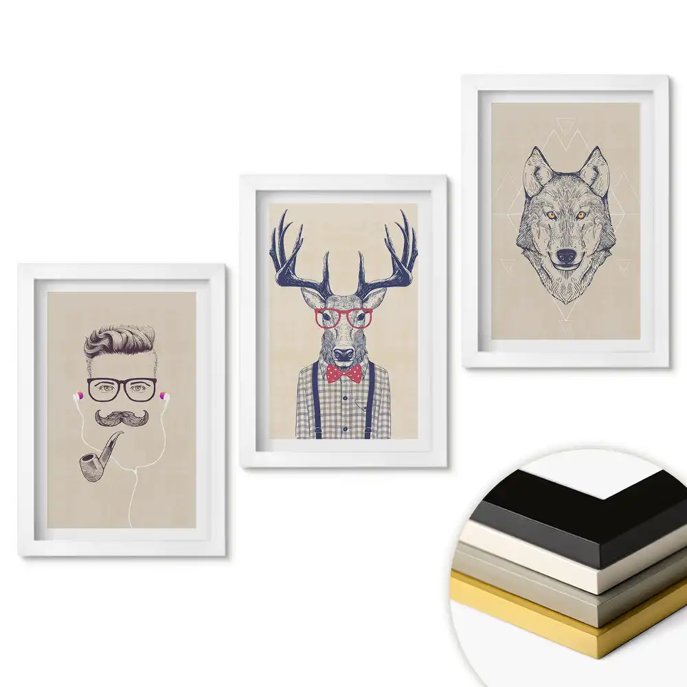Set de tablouri pentru living cu ilustrații de animale și oameni stilați