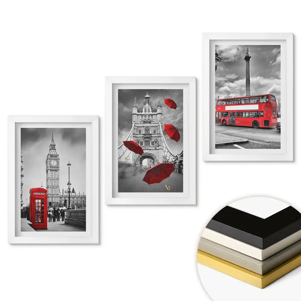 Set de 3 tablouri pentru dormitor cu simboluri londoneze în stil monocromatic