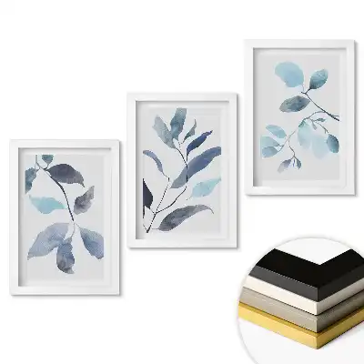 Set 3 tablouri pentru dormitor cu frunze delicate în nuanțe de albastru