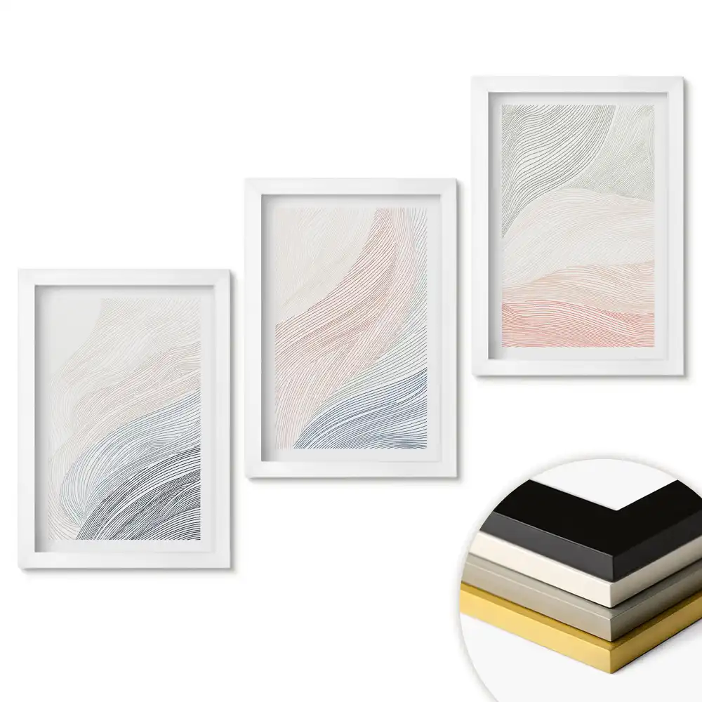 Set de 3 tablouri pentru dormitor cu valuri abstracte în culori delicate