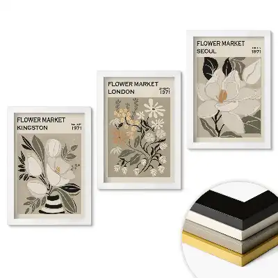 Set de 3 tablouri pentru dormitor cu piețe de flori din diferite orașe