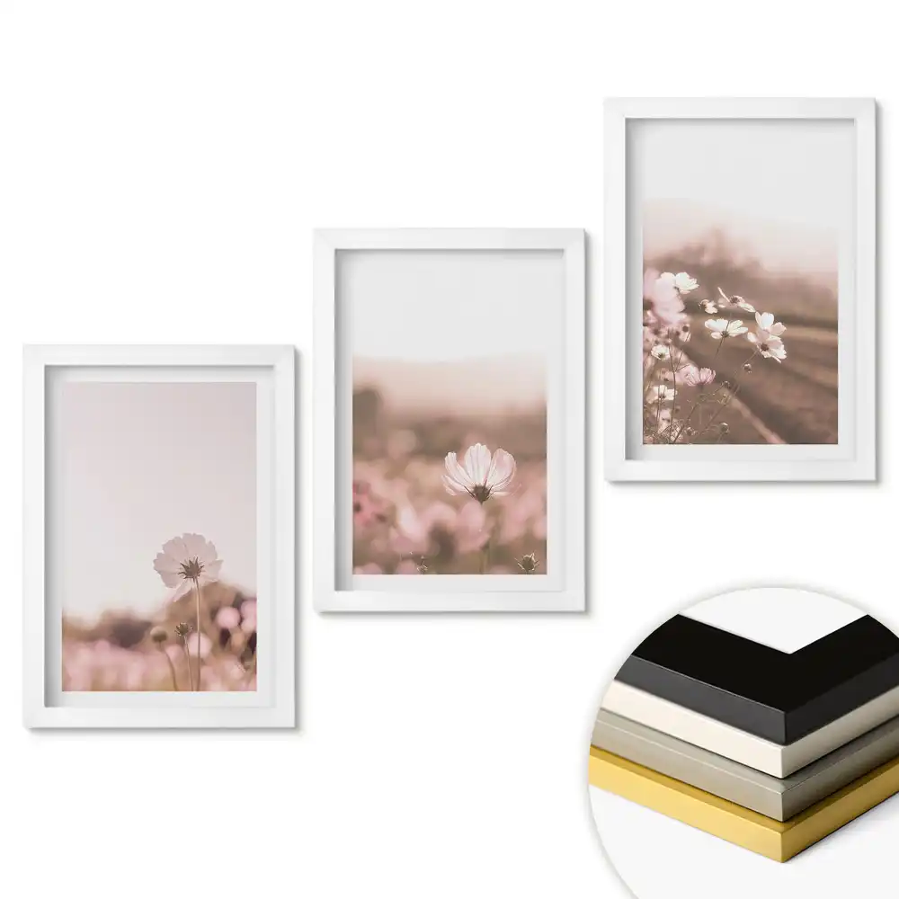 Set 3 tablouri pentru dormitor cu flori în nuanțe delicate de roz