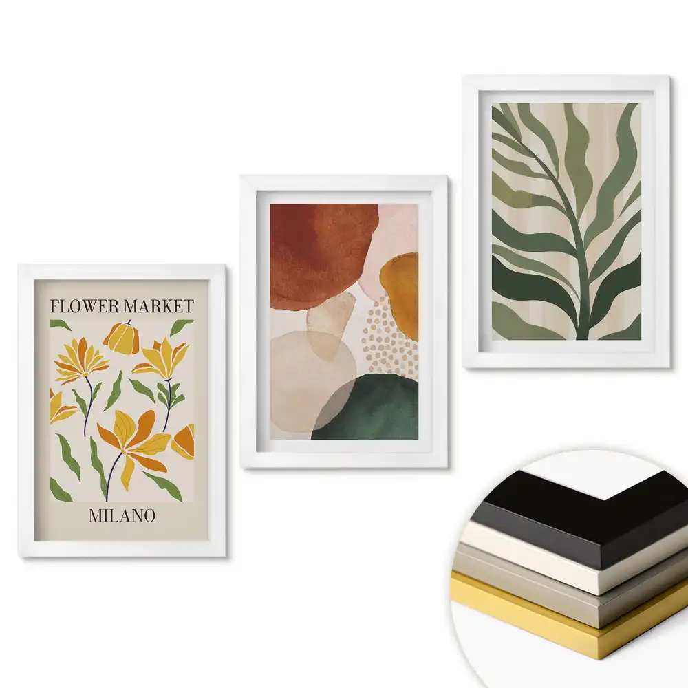 Set de tablouri pentru living cu Piața de flori și modele abstracte