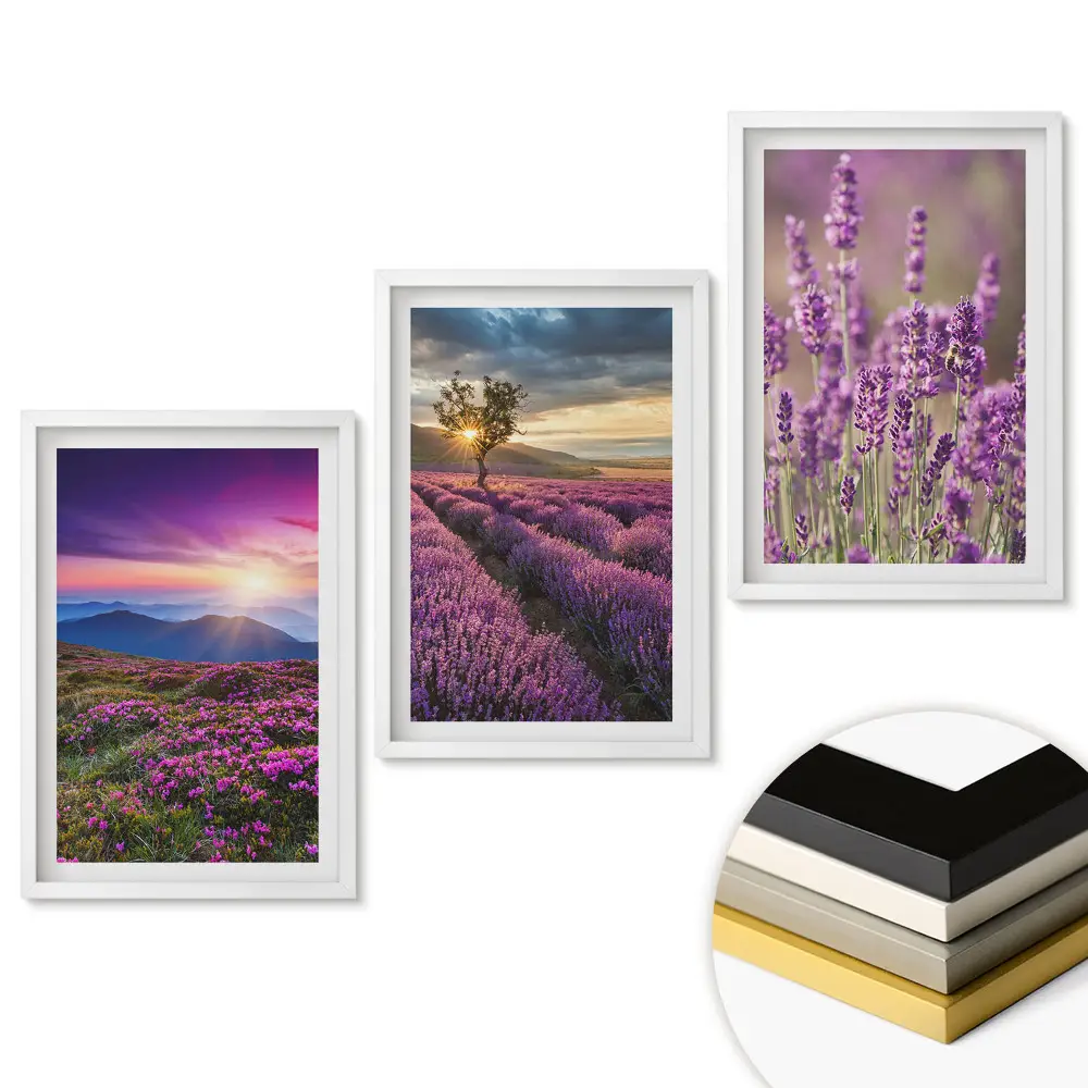 Set 3 tablouri pentru living cu peisaje de câmpuri de lavandă la apus